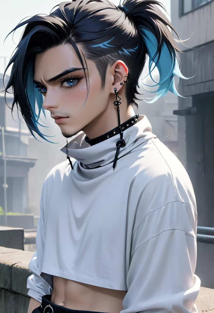 Guy Height 160, His medium-length hair is pulled back into a low ponytail., one strand falls on the face. He usually wears a black T-shirt under an open white jacket with the sleeves rolled up, grayish blue trousers and black boots. He also wears several accessories, such as black bracelets, Dark eyeliner, black choker that covers the scar on his neck, and two spiral piercings in each ear. He can almost always be seen looking tired / gloomy expression. Doesn't interact much with others. Looks like a girl.