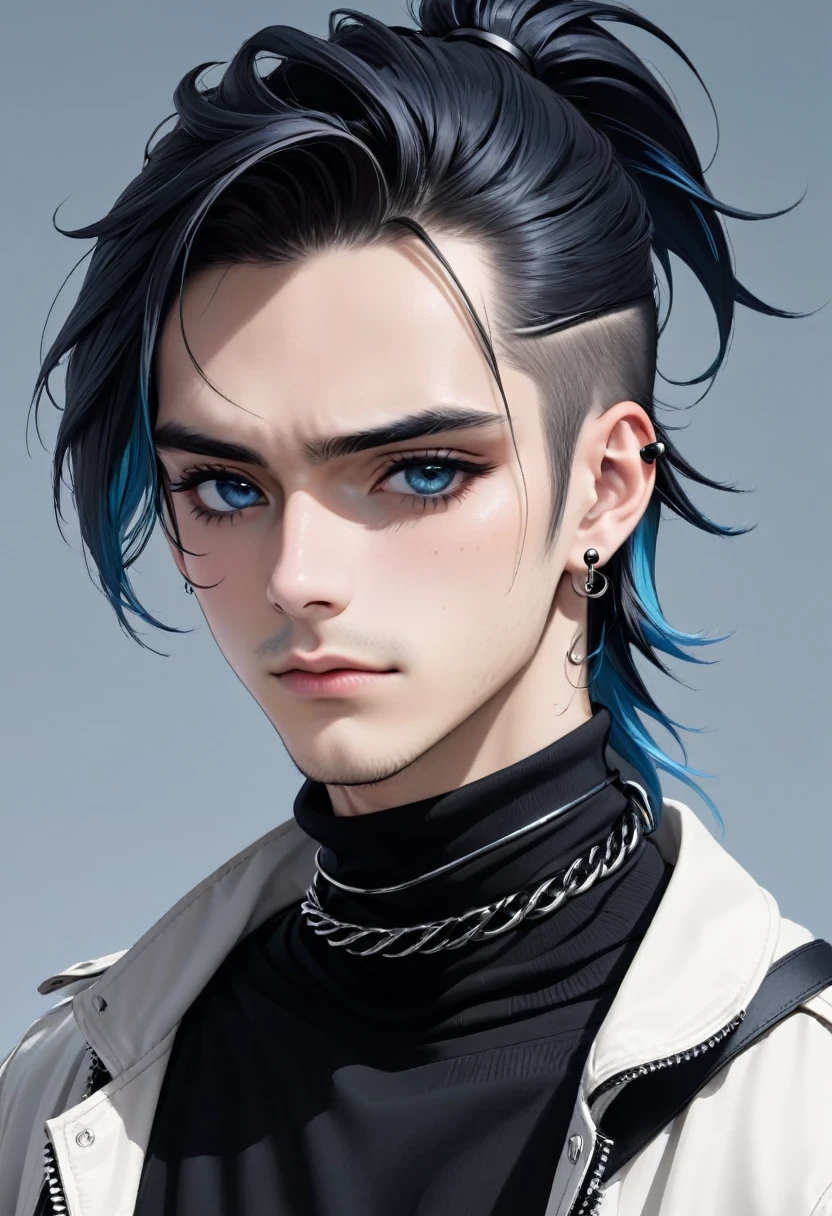 Guy Height 160, His medium-length hair is pulled back into a low ponytail., one strand falls on the face. He usually wears a black T-shirt under an open white jacket with the sleeves rolled up, grayish blue trousers and black boots. He also wears several accessories, such as black bracelets, Dark eyeliner, black choker that covers the scar on his neck, and two spiral piercings in each ear. He can almost always be seen looking tired / gloomy expression. Doesn't interact much with others. Looks like a girl.