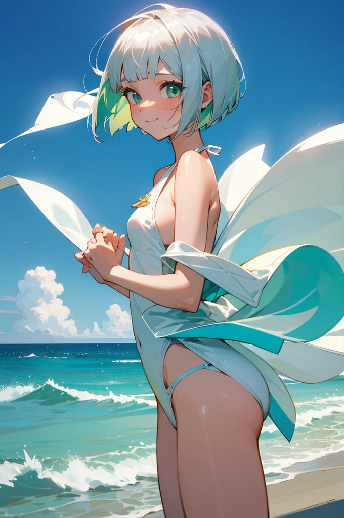 1 girl, beautiful girl, cute girl and idol face, smile, white skin, ((white swimsuit)), short and bob cut hair, shiny silver hair, Only one strand of hair that flips out, beautiful green, eyes, beautiful body, Summer Sea, Seaside, bathing beach, Girl playing with waves on the beach, Dynamic girl