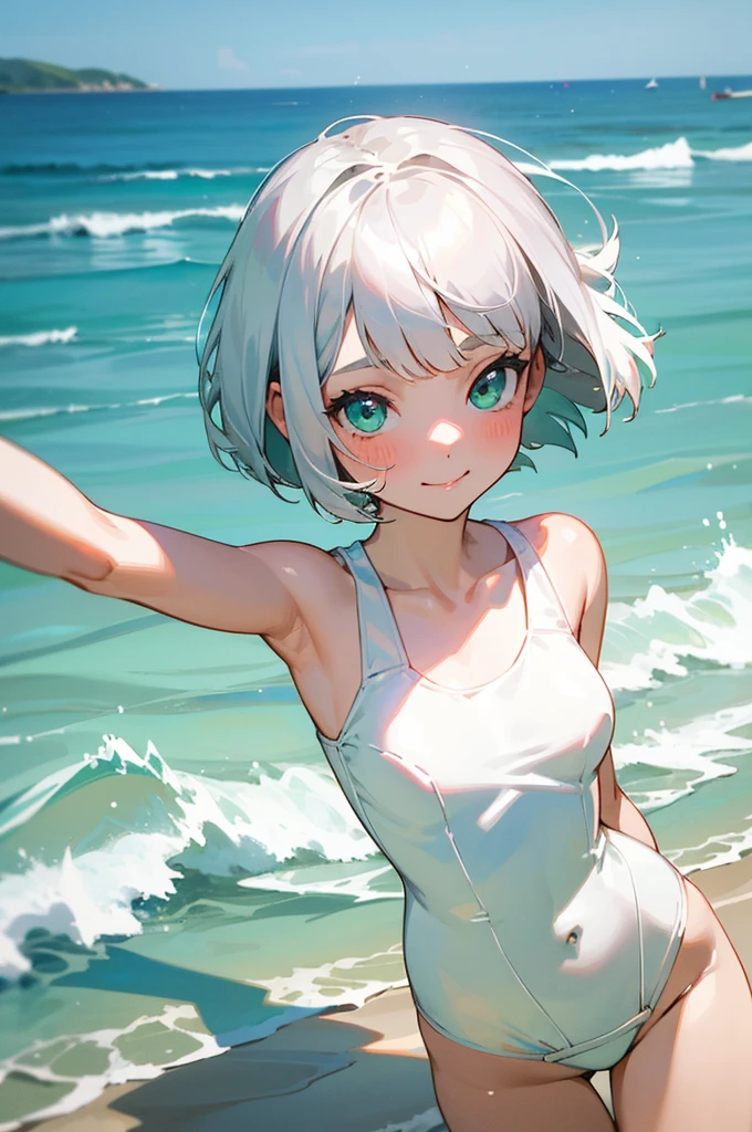 best quality, masterpiece,ultra high res,detailed, one girl,short body,school swimsuit,smiling,frizzy hair,short hair,silver hair,pale blue eyes,pale gray eyebrows,bery thin eyebrows,double eyelid,black pupil,round face,beach,magnificaiant view,lens flare,noon,kawaii