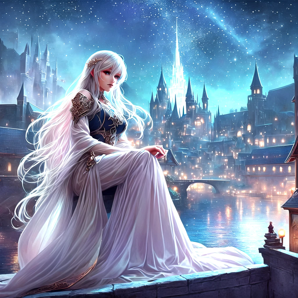 There is a woman sitting on a ledge by the river., Beautiful anime fantasy art, very Beautiful anime fantasy art, Anime fantasy art, Fantasy art style, 4K Fantasy Art, High quality fantasy art, HD fantasy art, Beautiful fantasy art portrait, Detailed fantasy digital art, epic Fantasy art style hd, Medieval fantasy art, Beautiful fantasy anime, Beautiful Art UHD 4K