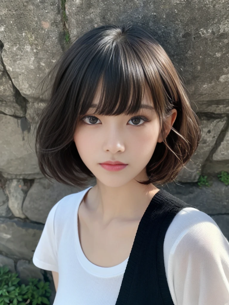 ,From Below,Angle from directly above,dynamic pose,(Highest quality, Very detailed, masterpiece:1.2), 1 women, Very thin body, length, Thin legs, ((Black wavy short layered cut hair hair:1.2)), ((Thick and fluffy bangs)), Very detailedな顔,A faint smile, small, Thin Nose, small thin mouth, Extremely sharply focused eyes, Japanese, Beautiful Face, Realistic eyes, Beautiful and beautiful eyes, Realistic Skin, Beautiful Skin, charm, (A vivid face), Beautiful Hairstyles,((Over Size Tシャツ)), High resolution, Vibrant color palette, Mysterious and mysterious stone wall, Amazing place,Characteristic dark shadows and strange details,