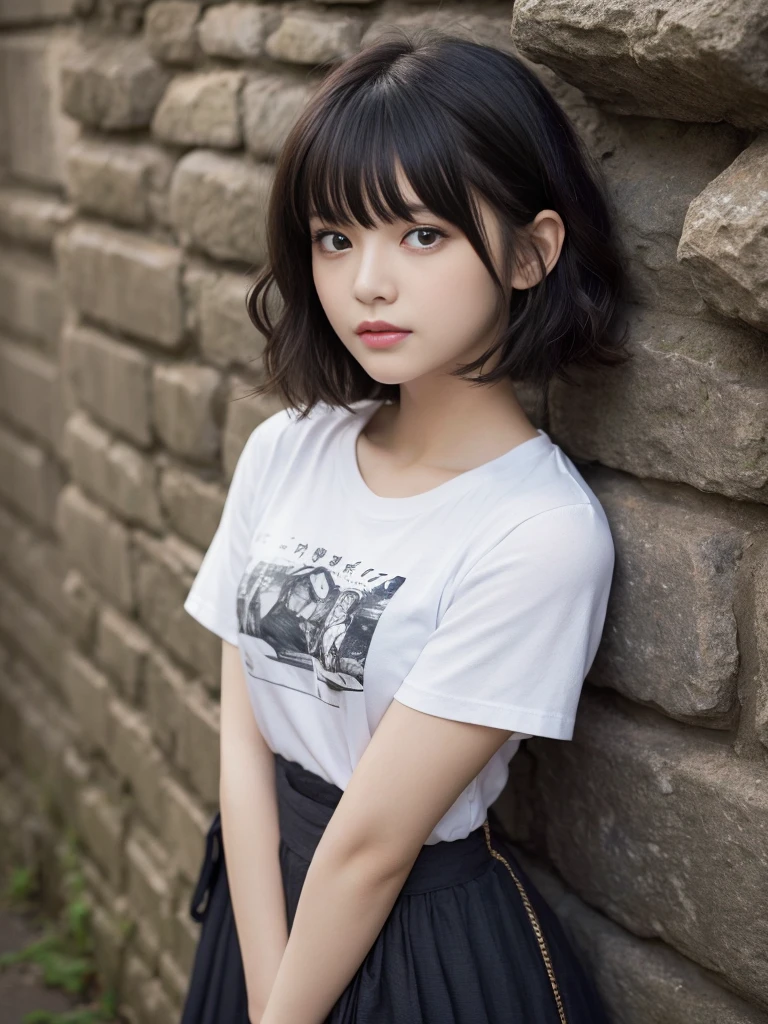 from above,dynamic pose,(Highest quality, Very detailed, masterpiece:1.2), 1 women, Very thin body, length, Thin legs, ((Black wavy short layered cut hair hair:1.2)), ((Thick and fluffy bangs)), Very detailedな顔,A faint smile, small, Thin Nose, small thin mouth, Extremely sharply focused eyes, Japanese, Beautiful Face, Realistic eyes, Beautiful and beautiful eyes, Realistic Skin, Beautiful Skin, charm, (A vivid face), Beautiful Hairstyles,((Over Size Tシャツ)), High resolution, Vibrant color palette, Mysterious and mysterious stone wall, Amazing place,Characteristic dark shadows and strange details,