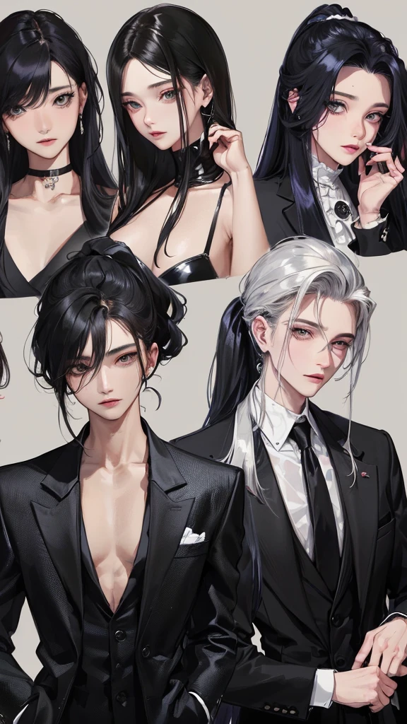 (Top resolution、Distinct_image)top-quality、femele、masterpiece、highly detailed、Semi-realistic、silver eyes 、18year old、young、cool clothing、Exquisite facial features、Facial features、unique hairstyle, variations, potrait, a bar background, Black hair , long straight hairstyles, wear black suits, Mafia , yakuza, criminals