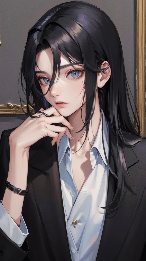 (Top resolution、Distinct_image)top-quality、femele、​masterpiece、highly detailed、Semi-realistic、odds  eyes color 、18year old、young、cool clothing、Exquisite facial features、Facial features、unique hairstyle, variations, potrait, a bar background,   Black hair , long straight hairstyles, wear black suits, Mafia , yakuza, criminals 