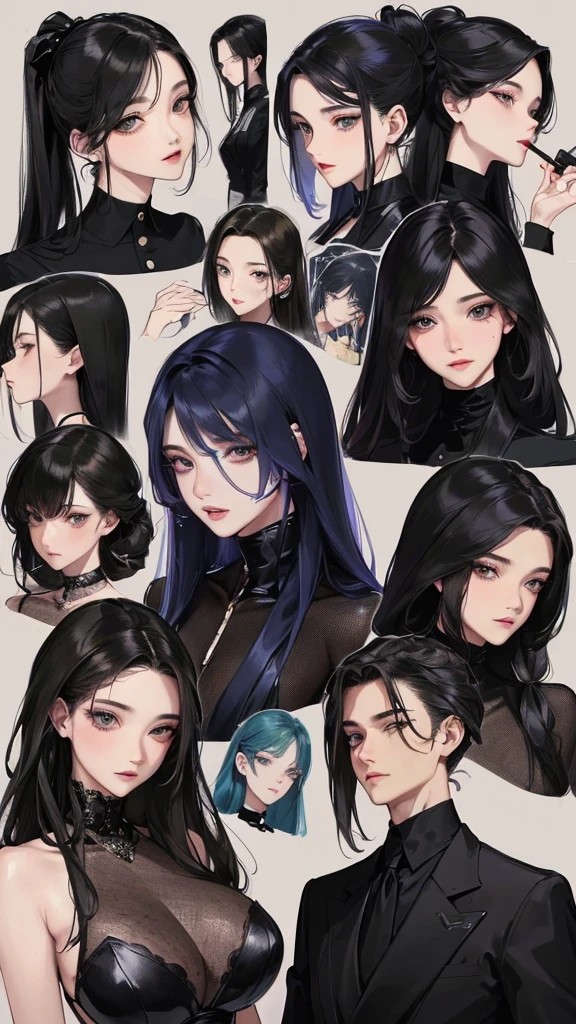 (Top resolution、Distinct_image)top-quality、femele、masterpiece、highly detailed、Semi-realistic、odds eyes color 、18year old、young、cool clothing、Exquisite facial features、Facial features、unique hairstyle, variations, potrait, a bar background, Black hair , long straight hairstyles, wear black suits, Mafia , yakuza, criminals