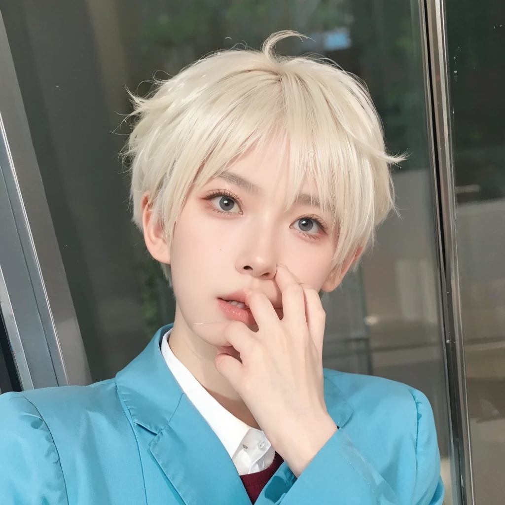 Short platinum hair,Male hair,Natural hair looks handsome,Background glass door