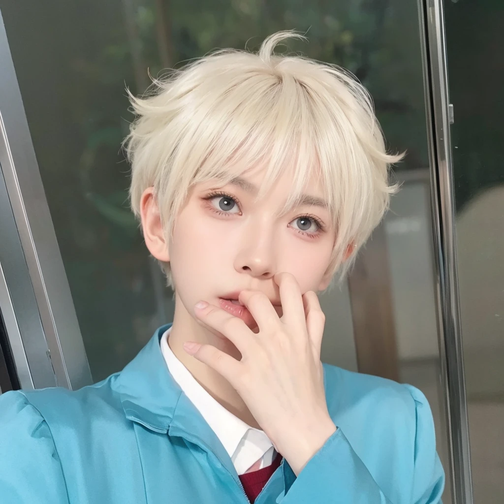 Short platinum hair,Male hair,Natural hair looks handsome,Background glass door