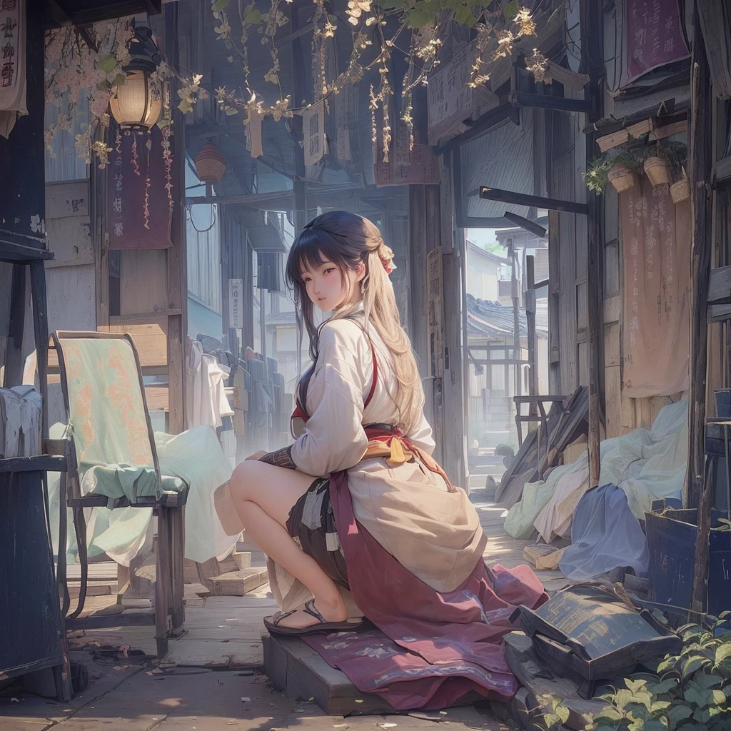 Anime style painting of a woman sitting on a bed in a room, Gwaiz on pixiv artstation, Digital art on pixiv, Gwaiz on artstation pixiv, artstation pixivでトレンド, Beautiful anime art, Beautiful anime girl crouching, Gwaiz, artwork in the style of Gwaiz, by Xiawei1. Scenery and Cityscape in the Early Meiji Era
After the Meiji Restoration, Japan underwent rapid modernization and civilization. Consequently, many changes and reforms occurred. Below is a detailed explanation of the scenery, appearance of the poor, occupations, and cityscapes in the early Meiji period (1868 to the early 1880s).
2. Appearance of the Poor
Life for the impoverished and lower classes remained harsh. In particular, in urban areas, people migrated from rural areas or unemployed artisans gathered, intensifying competition in the labor market. Many of them struggled with poverty, often residing in slums or around temples.
3. Occupations
Meiji early Japan witnessed a diversification of occupations. Traditional agriculture and handicrafts were accompanied by the rise of modern industry and commerce. Particularly in urban areas, factory workers, shop clerks, and transporters increased, giving rise to new professions. However, many in these occupations endured harsh working conditions.
4. Influence of Civilization and Enlightenment
During the Meiji era, Western cultural influences spread rapidly. Changes in clothing, dietary habits, and the proliferation of Western-style architecture advanced, especially in urban areas. Conversely, this development posed a threat to traditional culture and lifestyles, resulting in societal upheaval and adaptation challenges.
5. Social Change and Policy Influence
While promoting modernization policies, the government also addressed poverty and social issues. Legislation for labor protection and charitable activities to aid the poor were implemented. Nevertheless, living conditions for the impoverished scarcely improved.
The early Meiji period marked a rapid transformation in Japan, with complex social landscapes involving challenges fa