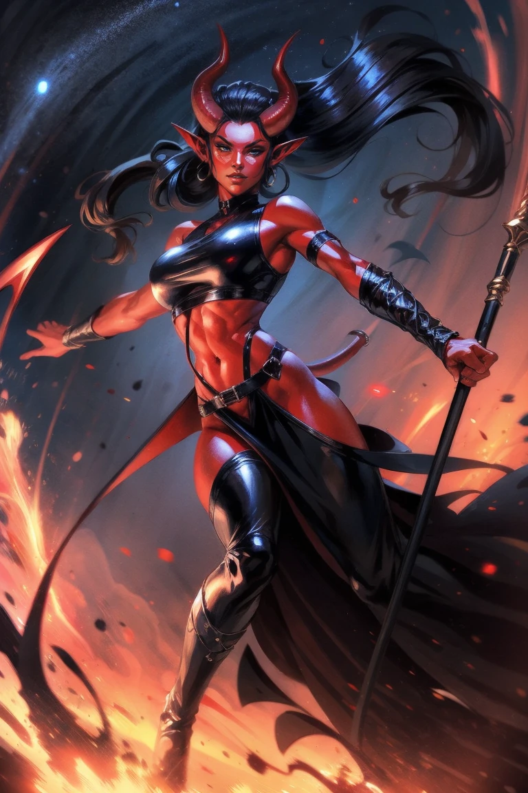 Red skin succubus tiefling, medium breasts, black horns, wings, huge tail, black leather, crop top, long flowing pelvic curtain, tall, toned, graceful, thin, long black ponytail. Action scene, whip. Dark scene, explosions, night sky.