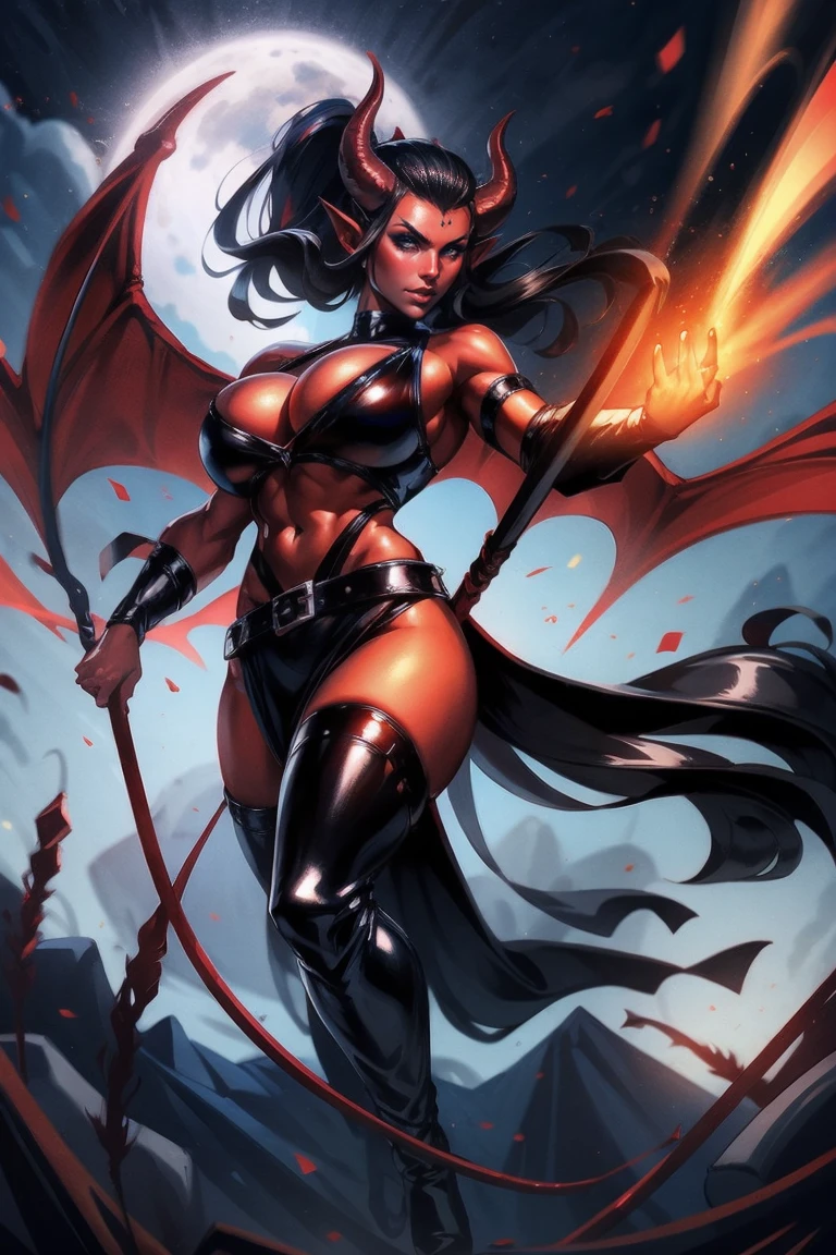 Red skin succubus tiefling, medium breasts, black horns, wings, huge tail, black leather, crop top, long flowing pelvic curtain, tall, toned, graceful, thin, long black ponytail. Action scene, whip. Dark scene, explosions, night sky.