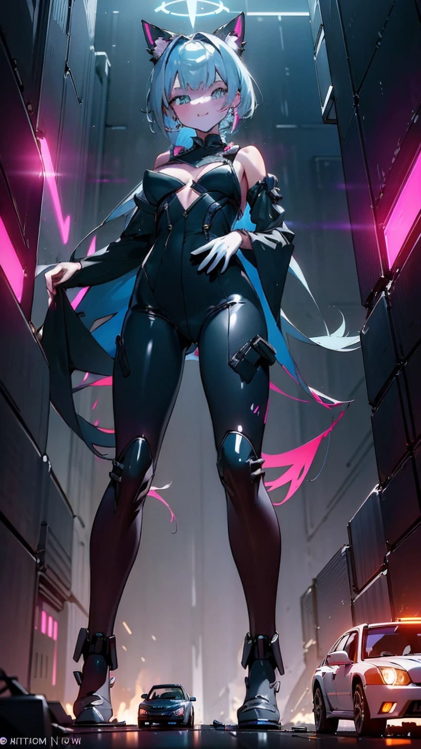 A giantess stands amidst a futuristic cityscape, her sleek silver jumpsuit reflecting the neon lights around her. Her towering figure looms over the tiny inhabitants who scramble in fear below. She playfully crushes a tiny car under her heel, her expression one of delight and amusement.

