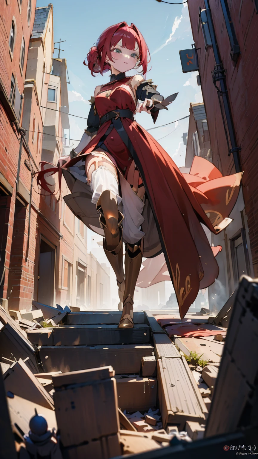 In a medieval village, a giantess in a flowing red gown strides through the streets. Her every step sends villagers fleeing in terror. She bends down, picking up a tiny human and examining them with a mix of curiosity and disdain before setting them back down and moving on.

