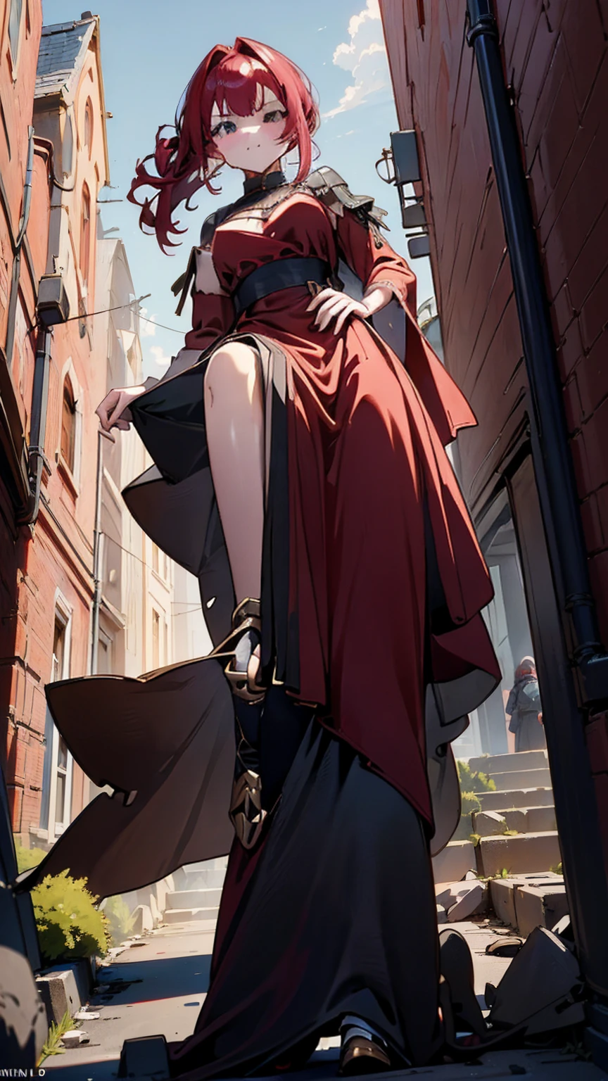 In a medieval village, a giantess in a flowing red gown strides through the streets. Her every step sends villagers fleeing in terror. She bends down, picking up a tiny human and examining them with a mix of curiosity and disdain before setting them back down and moving on.

