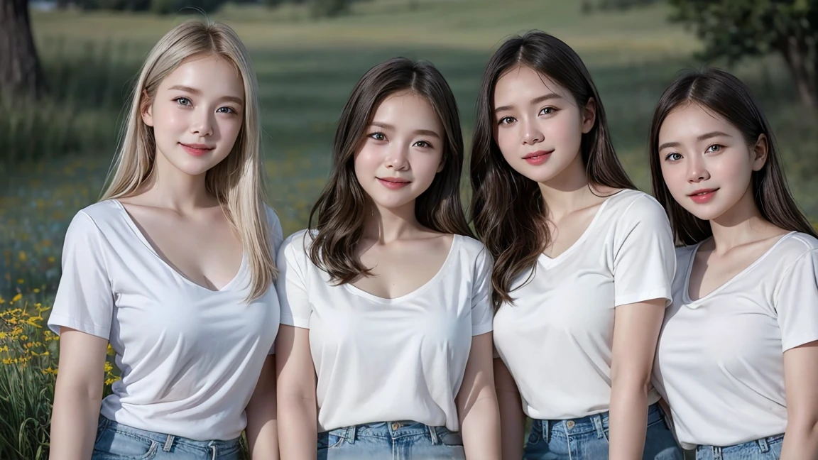 (3 girls), Indonesian baby face, 12 years, smile ,white skin, Round breast, blue eyes, meadow, silver hair, 8K, The details are very realistic....., The best of photography Wear a jeans skirt. white t-shirt Revealing the breasts ((round chest)