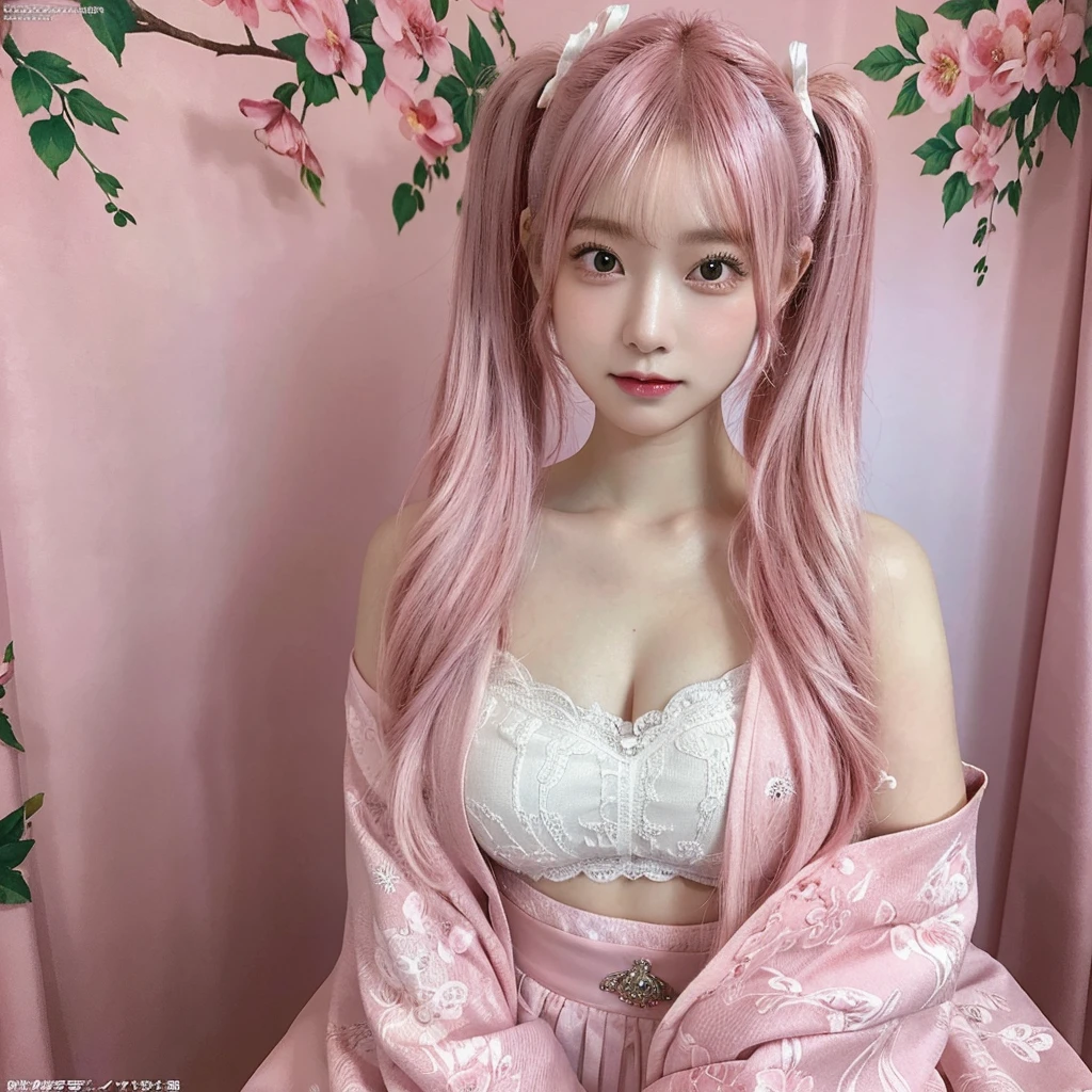 highest quality, illustration, ultra-detailed, intricately detailed, high resolution, 8k, Slim and well-proportioned, , pink hair in twin tails, large breasts, fair skin. She is wearing a Japanese idol costume, She is in a magazine photoshoot studio. The background is a pink curtain.