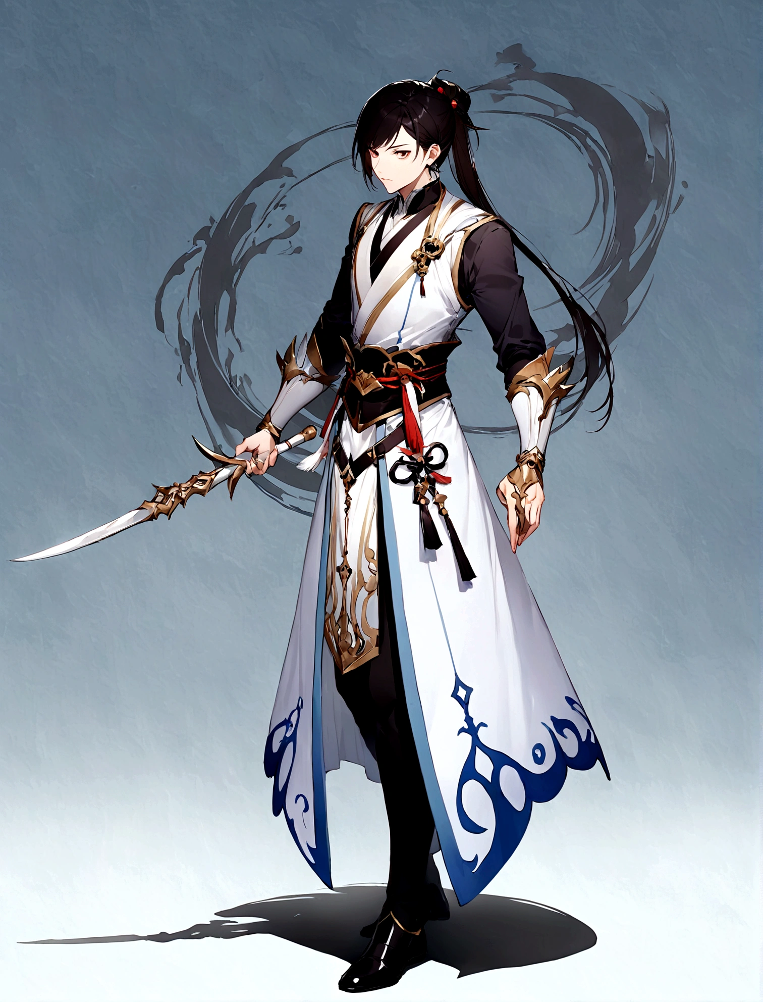 Chinese style，Immortal Cultivation，Black-haired man，Standing posture，Persona，White background，((Empty hand))，White clothes，without weapons