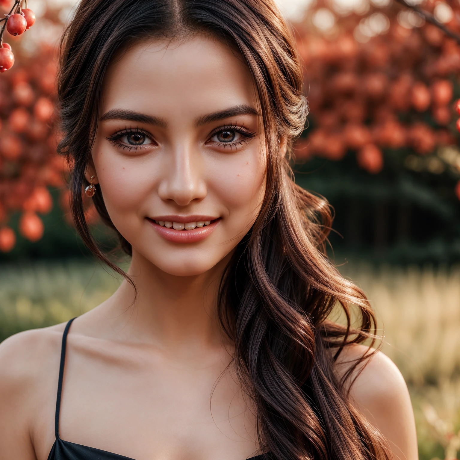 a beautiful girl, detailed facial features, piercing eyes, delicate lips, long eyelashes, elegant hairstyle, black hair, soft skin, happy expression, full smile, red dress, natural lighting, warm color palette, cinematic composition, photographic quality, highly detailed, realistic portraiture, masterpiece