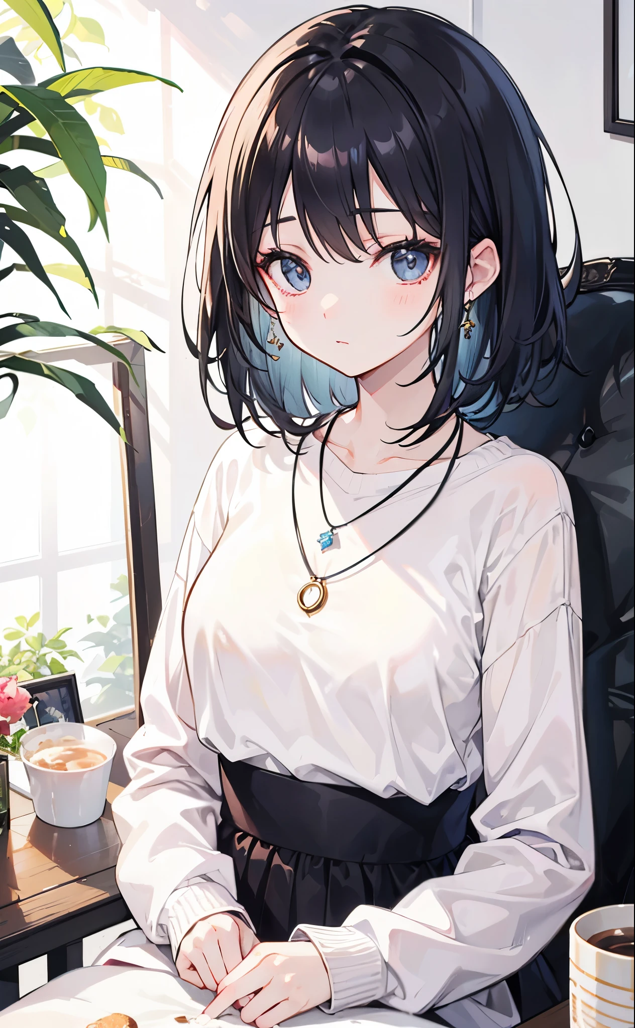 Yumi,A beautiful and sweet sister,Fragrant, soft, sticky and sweet voice,Cream white sweater,White Silk,necklace,Black Hair,pretty,White and tender,Glossy,Bright white tones are very clear