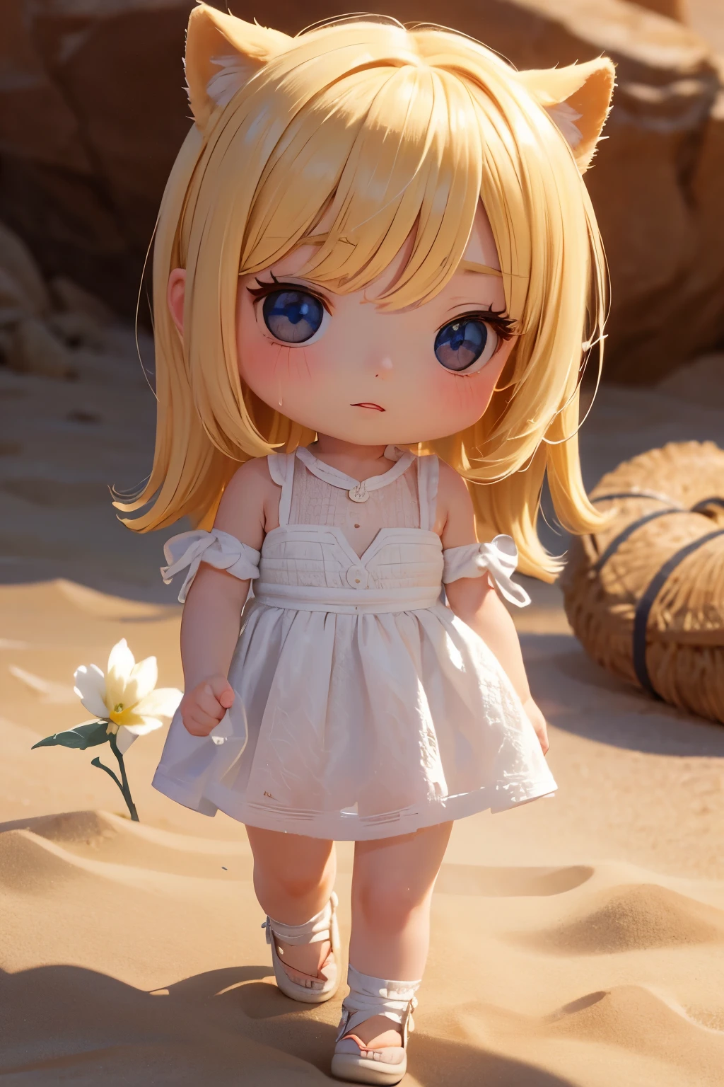 Chibi Girl、Walking through the desert under the scorching sun、Sweat、heat haze、Cute Shoes、whole body、A landscape of nothing but sand、Very detailed、Ultra-realistic、Photorealistic、8K、Hyperrealistic、masterpiece、Beautiful detailed eyes、Beautiful detailed lips、Very detailedな顔、Long eyelashes、Beautiful young girl、Beautiful lighting、Cinematic、Intricate details、Soft Focus、Depth of written boundary