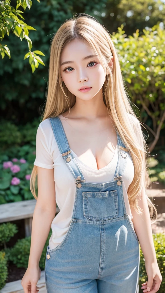Highest quality、Highest quality、High resolution、8K、masterpiece、Young Japanese Woman、One Woman、Blonde、Blonde、Long Hair、Slightly larger breasts、Blurred Background、Sexy Looks、Big eyes、garden、date、bevel、Overalls、Daytime、sunlight