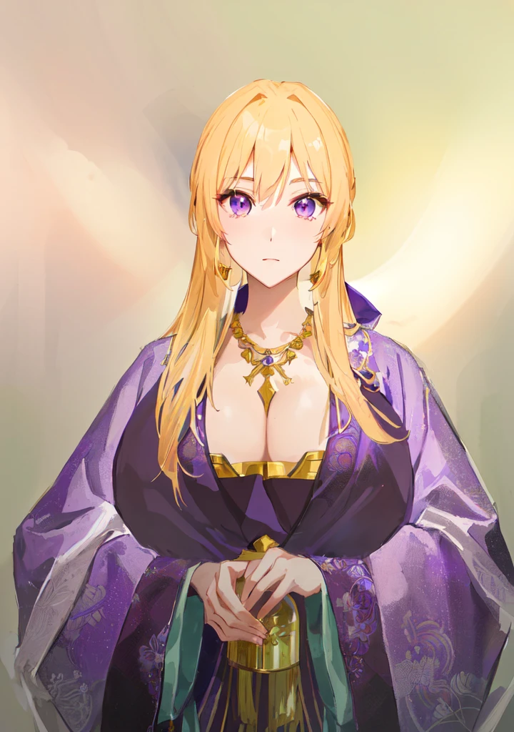 Wearing a purple robe、Cartoon image of a woman holding a bowl, ((Beautiful fantasy queen)), Produced in collaboration with Anime Painter Studio, Anime Goddess, Portrait of the Knights of the Zodiac, (Wearing noble robes)), Anime style like fate/overnight, Beautiful fantasy queen, In the anime painter studio,Three Kingdoms,Three Kingdoms志,Chinese style,antiquity,Hanfu,,巨big乳房,Good shape,Royal sister,Purple Eyes,Celluloid,big,Full figure,Noble,huge ,big ,big boods,sex body,yellow hair,Purple Eyes