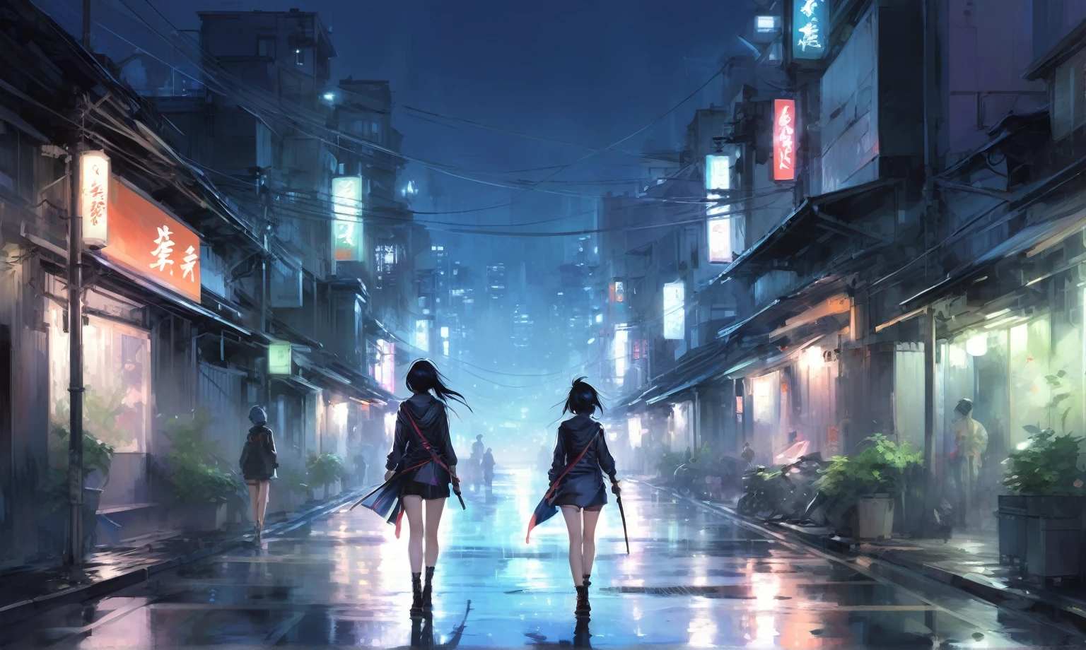 urban street, night , artwork in the style of guweiz, guweiz, akali, digital anime illustration, makoto sinkai, guweiz masterpiece, inspired by Kanō Naizen, advanced digital anime art,