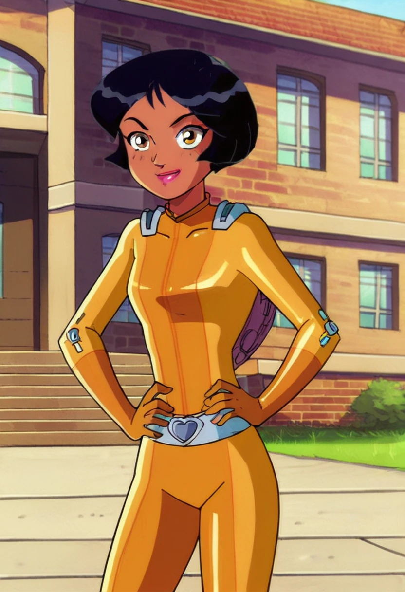 score_9, score_8_up, score_7_up, 
1girl, alex ts, black hair, short hair, brown eyes, dark-skinned female, looking at viewer, frown, smiling, outdoors,

standing, hands on hips, yellow bodysuit, 