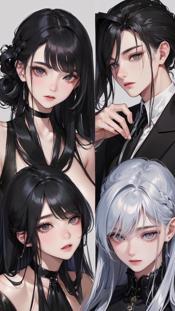 (Top resolution、Distinct_image)top-quality、femele、​masterpiece、highly detailed、Semi-realistic、silver eyes  、18year old、young、cool clothing、Exquisite facial features、Facial features、unique hairstyle, variations, potrait, a bar background,   Black hair , long straight hairstyles, wear black suits, Mafia , yakuza, criminals 