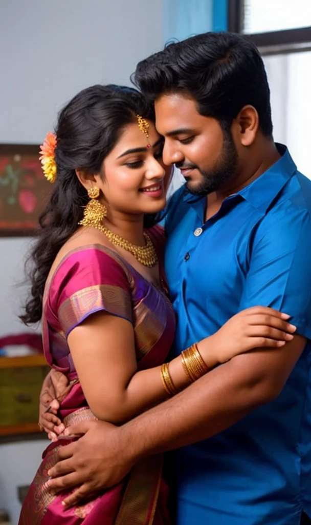 a 20-year-old shirtless man affectionately hugging and kissing aradiant, full-figured South Indian plus-sized 30 year old teacher wearing a blue silky saree in dressing room, captured in a full-body image with vibrant hues and meticulous details. Full body image