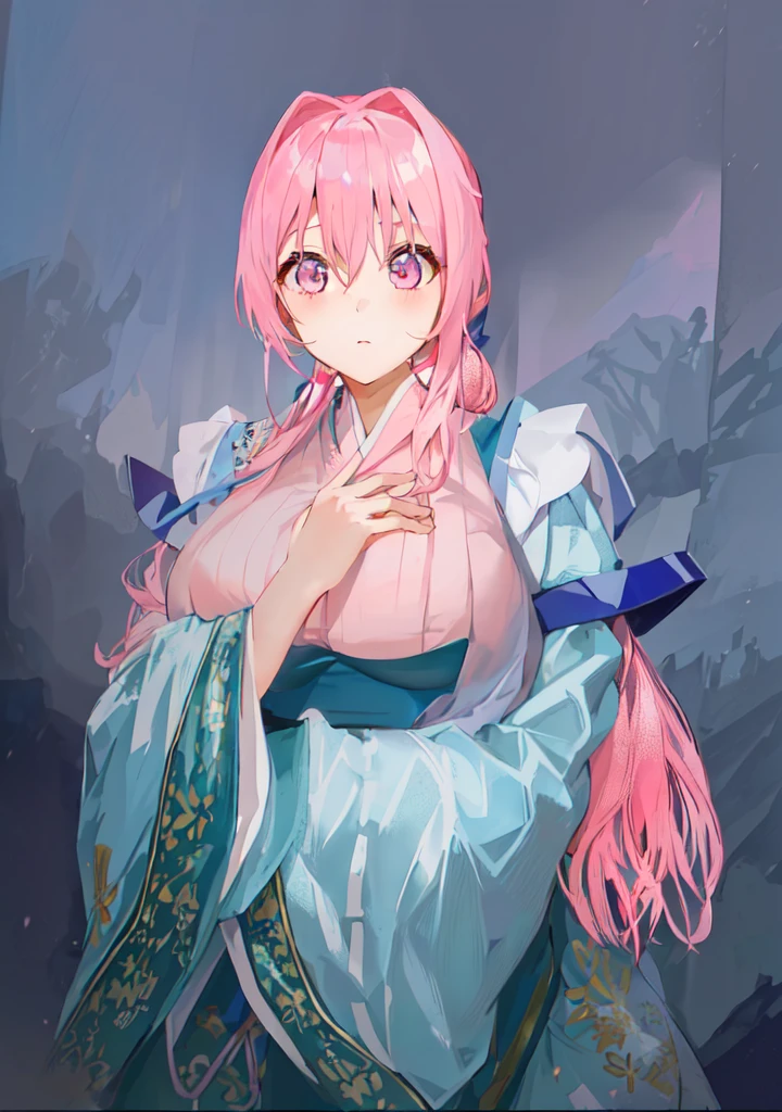 Pink Hair、Anime girl in blue dress poses for photo, Pink ponytail头发和粉色眼眸, Produced in collaboration with Anime Painter Studio, In the anime painter studio, Portrait of the Knights of the Zodiac,  Sonison，超级Sonison，Celluloid，Three Kingdoms，Chinese style，antiquity，Hanfu，，Huge Breasts，Good shape，Pink ponytail，Pink long hair，Costume，包不住的Huge Breasts，Cute girl，Noble