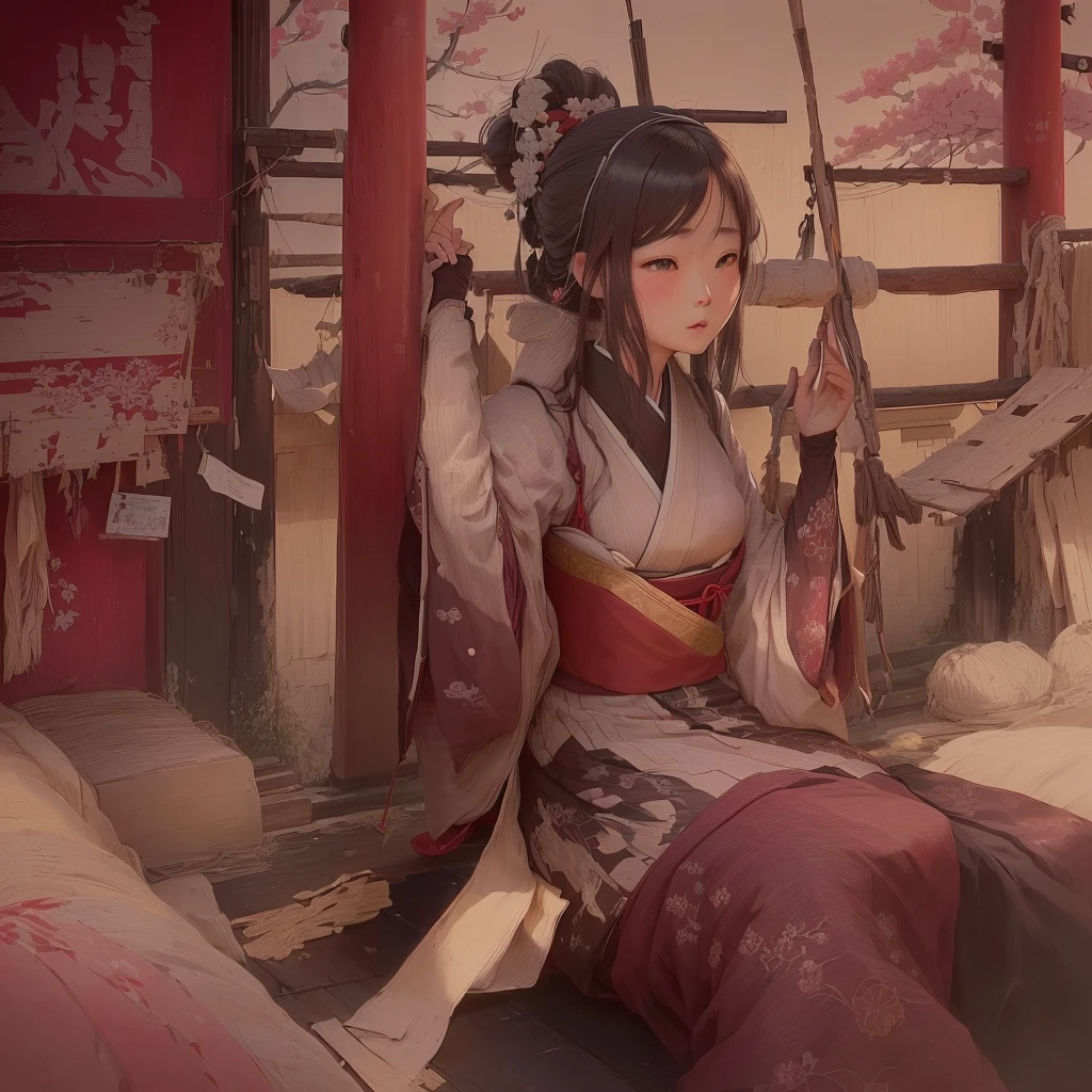Anime girl in red and white dress sitting on bed, Gwaiz, Gwaiz on pixiv artstation, Gwaiz on artstation pixiv, Zerochan Art, artwork in the style of Gwaiz, feudal japan art, by Shimo, Painted in an anime artist&#39;s studio, Pixiv digital art 1. Scenery and Cityscape in the Early Meiji Era
After the Meiji Restoration, Japan underwent rapid modernization and civilization. Consequently, many changes and reforms occurred. Below is a detailed explanation of the scenery, appearance of the poor, occupations, and cityscapes in the early Meiji period (1868 to the early 1880s).

2. Appearance of the Poor
Life for the impoverished and lower classes remained harsh. In particular, in urban areas, people migrated from rural areas or unemployed artisans gathered, intensifying competition in the labor market. Many of them struggled with poverty, often residing in slums or around temples.

3. Occupations
Meiji early Japan witnessed a diversification of occupations. Traditional agriculture and handicrafts were accompanied by the rise of modern industry and commerce. Particularly in urban areas, factory workers, shop clerks, and transporters increased, giving rise to new professions. However, many in these occupations endured harsh working conditions.

4. Influence of Civilization and Enlightenment
During the Meiji era, Western cultural influences spread rapidly. Changes in clothing, dietary habits, and the proliferation of Western-style architecture advanced, especially in urban areas. Conversely, this development posed a threat to traditional culture and lifestyles, resulting in societal upheaval and adaptation challenges.

5. Social Change and Policy Influence
While promoting modernization policies, the government also addressed poverty and social issues. Legislation for labor protection and charitable activities to aid the poor were implemented. Nevertheless, living conditions for the impoverished scarcely improved.

The early Meiji period marked a rapid transformation in Japan, with complex social landscapes involving challenges faced by the p
