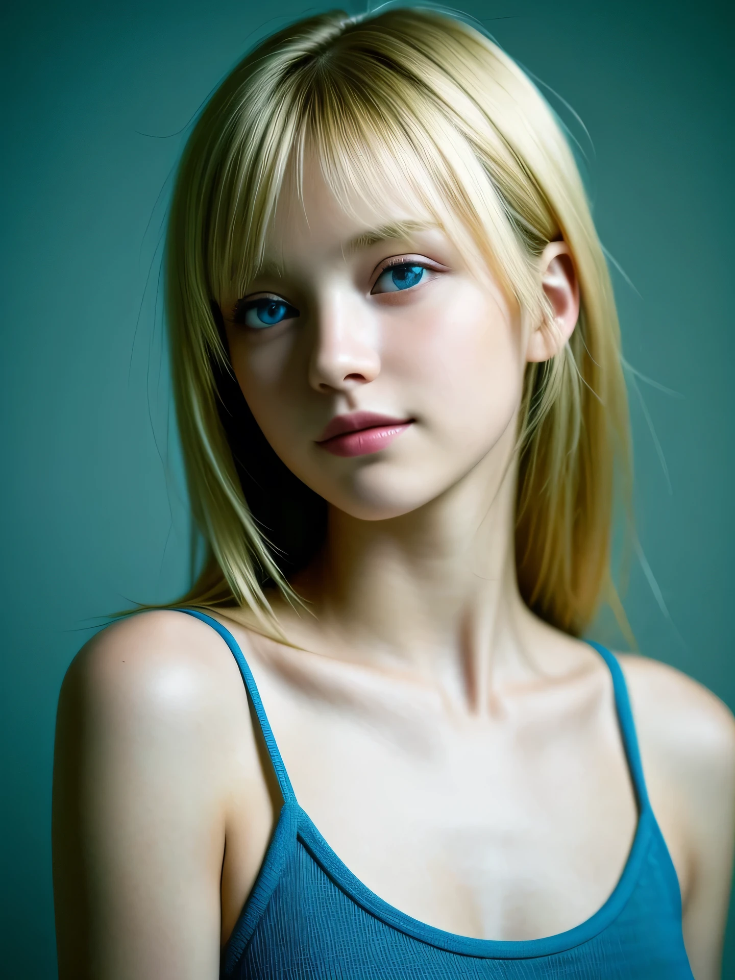 (Photo Real:1.4), (hyper realisitic:1.4), (Smooth lighting:1.05), 1 girl, teenager, blue eyes, happy, shy, smile, (looking away:1.2), Close-up of the face, Soft lighting, Back lighting, (Finest Real Textured Skins), Super fine face, glowy skin, retinas, Anatomically correct, (Blonde medium hair:1.1), bangs, Textured skin, High quality, high details, Best Quality, High resolution, tank top