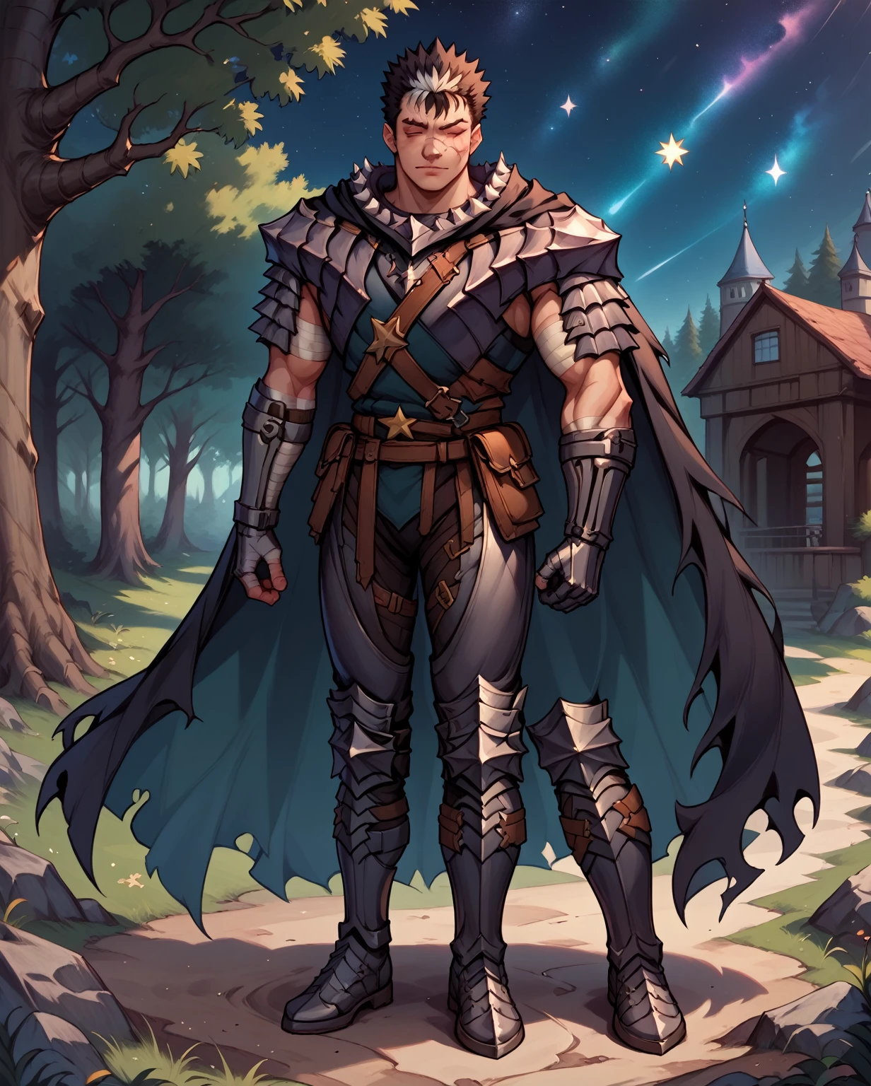 score_9, score_8_up, score_7_up, masterpiece, best quality, highly detailed, Guts_Armor, brown eyes, short hair, multicolored hair, spiked hair, black armor, shoulder armor, gauntlets, greaves, bandaged arm, black cape, torn cape, scar on nose, one eye closed, muscular male, (night:1.2), a lot of stars, (bright stars:1.2), forest, ultra detailed, focus on face, detailed face, full length, cowboy shot, kawaii