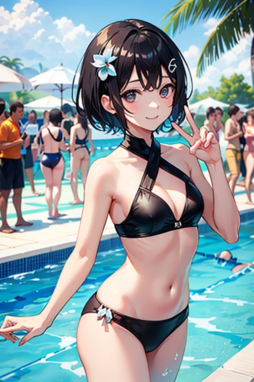 Highest quality、Black Hair、Iris、short hair、girl、cute、、、Small hair ornament、1 person、Swimwear、Pool Party、There are a lot of people in the background、smile、V sign with right hand、