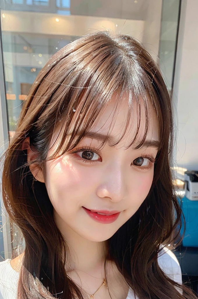 ((big laugh)), high-level image quality、20 year old Korean girl photo, raw, cute face, (wavy hair), ((Portrait)), ((Detailed face:1.2)), ((A detailed face Characterized by fine skin), pale skin, , (cold color), moist, moist, reflector stay piece) (perfectly proportions)(photos realistic)(Best Quality) photographed in a Canon EOS R5, 50mm Lens,(8K), very long upper eyelashes、Very long lower eyelashes、Detailed lashes、Curled eyelashes、eyelash perm、Beautiful lashes、Natural eyes、very beautiful eyelashes