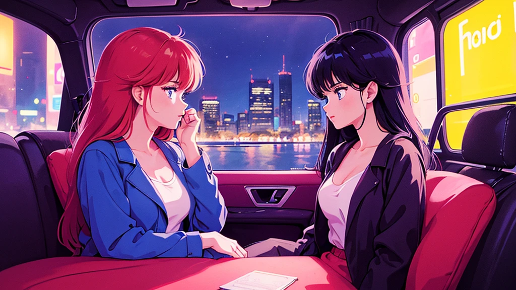 Create a CG anime-style illustration of a very beautiful woman from the 1980s, sitting in the passenger seat of a car driving through a nighttime cityscape. The woman should have an elegant and glamorous look typical of the 80s, with styled hair and fashionable clothing. Capture her side profile from inside the car, showcasing her serene and captivating expression. The cityscape outside should be illuminated with neon lights and reflections, creating a vibrant, bustling atmosphere. Use rich, saturated colors to enhance the retro aesthetic and make the scene visually striking. The overall vibe should be a blend of nostalgic charm and modern sophistication, perfect for an engaging and eye-catching image.
