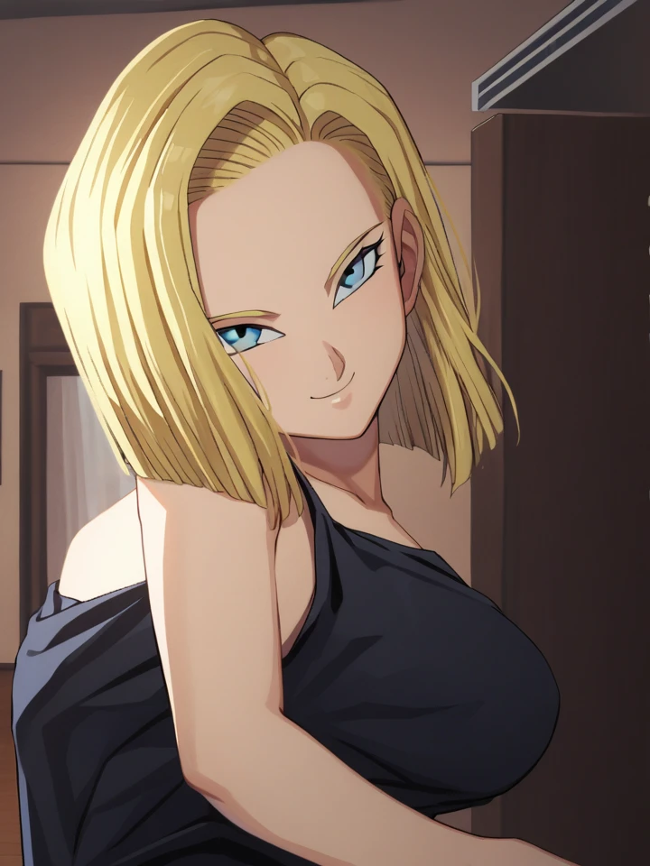 sysdeep_android18, 1girl, solo, breasts, looking_at_viewer, smile, short_hair, blue_eyes, blonde_hair, black_dress, indoor, 