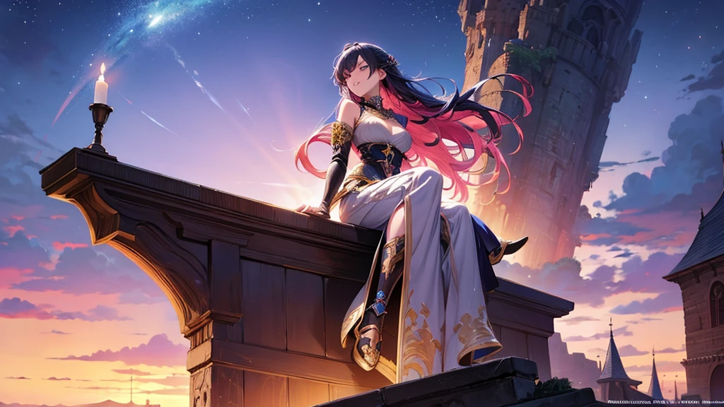 There is a woman sitting on a ledge by the river., Beautiful anime fantasy art, very Beautiful anime fantasy art, Anime fantasy art, Fantasy anime style, 4K Fantasy Anime, High quality fantasy anime, HD Fantasy Anime, Beautiful fantasy anime portrait, Detailed fantasy digital animation, epic Fantasy anime style hd, Medieval fantasy art, Beautiful fantasy anime, Beautiful Art UHD 4K、16：9