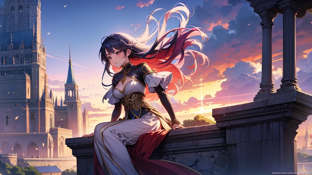 There is a woman sitting on a ledge by the river., Beautiful anime fantasy art, very Beautiful anime fantasy art, Anime fantasy art, Fantasy anime style, 4K Fantasy Anime, High quality fantasy anime, HD Fantasy Anime, Beautiful fantasy anime portrait, Detailed fantasy digital animation, epic Fantasy anime style hd, Medieval fantasy art, Beautiful fantasy anime, Beautiful Art UHD 4K、16：9