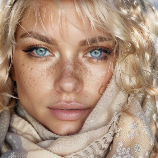 blond woman with freckles and a scarf on her head, soft portrait shot 8 k, blond hair grey eyes, beautiful photorealistic imagery, with stunning gray eyes, ultra realistic 8k octan photo, sexy girl with gray eyes, color photograph portrait 4k, soft freckles, intricate heterochromia sad, soft pale golden skin, 8k artistic portrait photography, dreamy gray eyes