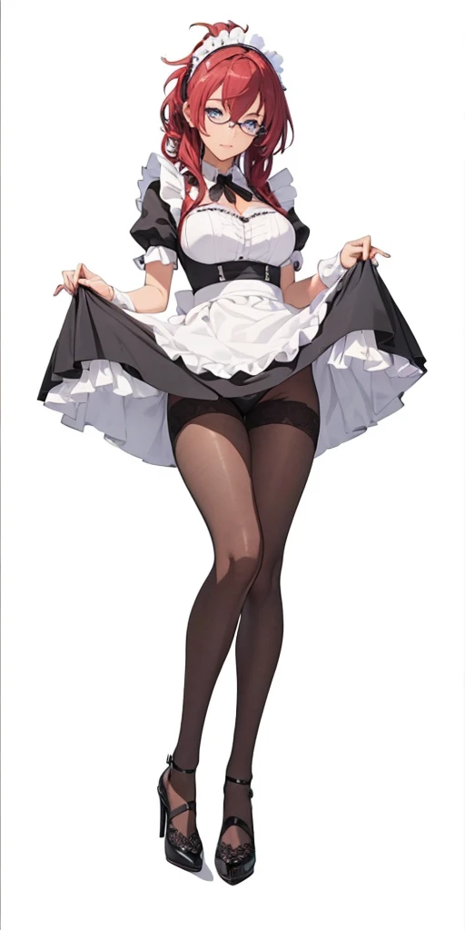((1girl, solo)), lilia greyrat, mature female, beautiful body, (perfect anatomy, perfect body, perfect hands, perfect legs), natural proportions, sexy body, large breasts, clothes lift, lifted by self BREAK
red hair, ponytail, ((extremely detailed face)), glasses, purple eyes, (beautiful detailed eyes:1.6), (realistic pupils, realistic iris:1), expressive eyes, looking at viewer, (clear eyes:1.3), (hyperrealistic:1.2), (detailed skin texture:1.2), smooth skin, (smile), (detailed lips:1.2), (attractive lips:1.1), (glossy lips:1.1), perfect face, perfect eyes BREAK
maid, maid headdress, maid outfit, cleavage, detached collar, bow, juliet sleeves, frills, maid apron, white apron, black pantyhose, high heels BREAK
(masterpiece:1.5), anime-style, top quality, best quality, (beautiful and aesthetic:1.2), (ultra detail:1.5), Ultra-detailed depiction, Ultra-precise depiction, extremely detailed 8k illustration, high resolution, (highly detailed shading:1.2), (realistic lighting:1.4), perfect lighting, vibrant colors, dynamic tones, striking hues, 8k, absurd resolution, perfect shadows, hdr, UHD, ambient lighting, realistic, ultra-realistic, photo realistic, highly detailed, rich detail, luminous colors, fine texture, intricate design, professional illustration, (soft light:1.2), (illustration:0.7)