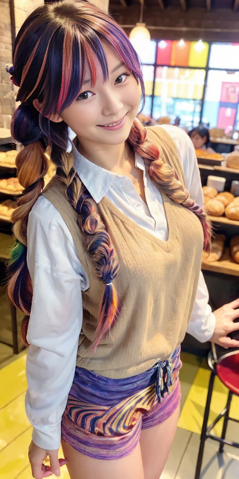 ((holding a large loaf of bread))、
12 year old girl、
Day本アイドル、

Cute Smile、
Lewd smile、　
Panting face、Pant voice、
Fluid organization:1.6), One beautiful girl with really wild hair, (Colorful wavy hair:1.2),( Two long braids:1.2), (Long wild hair:1.2), (Multicolored Hair: 1.9),Cute smile
Bakery Sales Staff、

Angle from directly below、
Low - Angle、スーパーLow - Angle、
apron、
blouse(See-through)、
はだけるblouse、
My shirt is open、
Open shirt、
hot pants、
ピンク色のhot pants、I can see a little underwear、Thighs、Butt、Beautiful buttocks、
I'm cleaning、
I'm wiping the floor.、Wipe the floor with a rag、
Bend over to clean、




clear、serious
Bakery Cafe、bread
Bakery clerk、Day本アイドル、

(masterpiece), (Highest quality:1.4), Absurd, [:Intricate details:0.2],  (View your viewers:1.2), Day,  reflection、
Reddish hair，Golden Student，enjoy，Moist，肉感Thighs，Slim figure，Moist, Glowing pink skin，transparent，Mature Woman，Affectionate expressions，情熱的に取り組んでいます

Day本アイドル