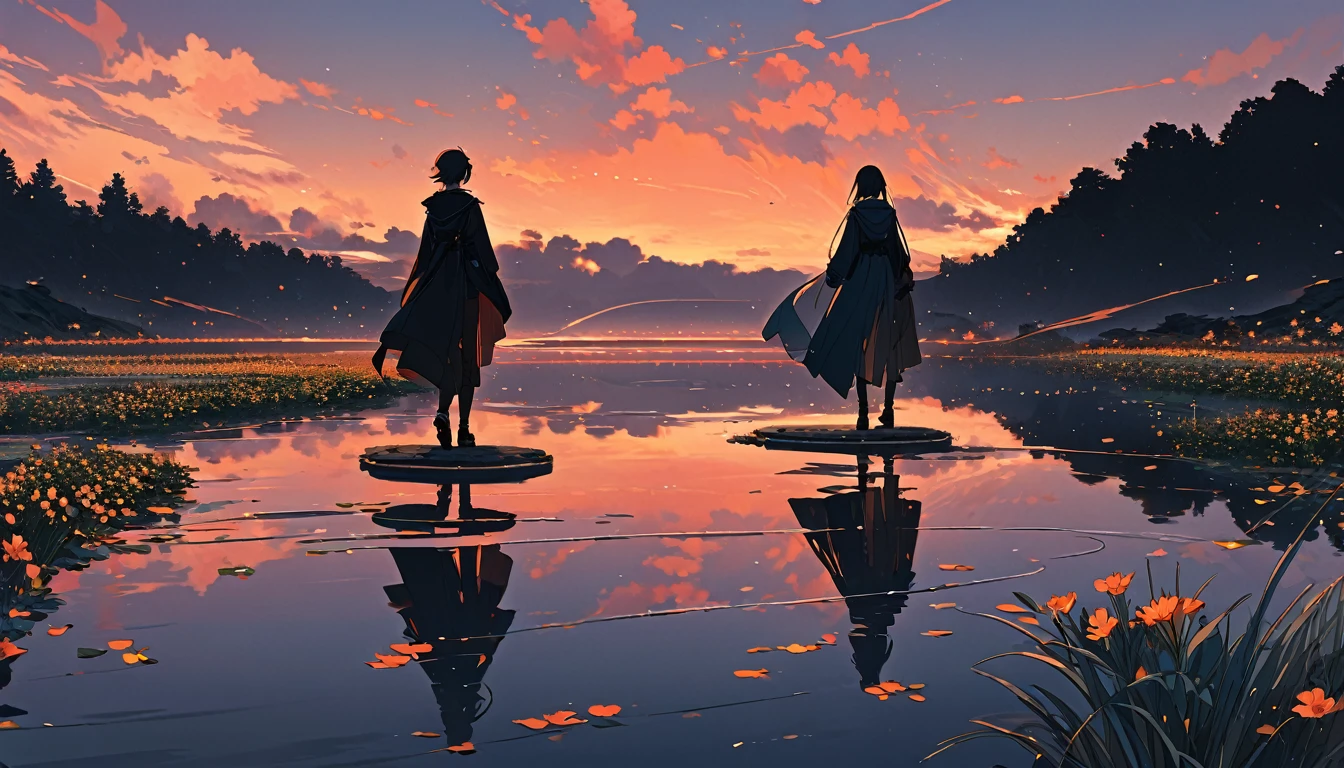 Very detailedな,Very detailed,Highest quality,masterpiece,figure,Actual,
mirror of the null, reflection, different reflection,
flower, null, cloud, evening, Outdoor, water, blue null, Contour, Wind,flower瓣, falling flower瓣, sunset,