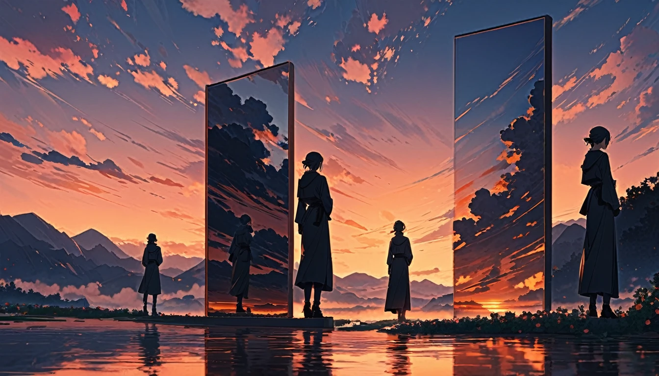 Very detailedな,Very detailed,Highest quality,masterpiece,figure,Actual,
mirror of the null, reflection, different reflection, 
flower, null, cloud, evening, Outdoor, water, blue null, Contour, Wind,flower瓣, falling flower瓣, sunset, 
 