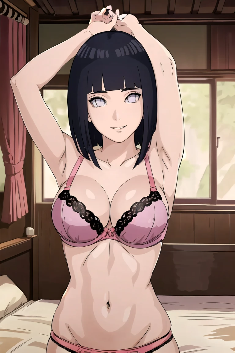 hinata hyuga, (8k, RAW photo, best quality, masterpiece:1.2), (intricate details), perfect eyes, perfect face, perfect lighting, beautiful, (masterpiece:1.2), (best quality:1.2), 1girl, , pink bra and panties , (undressing , taking_bra_off , taking_off_bra_straps ), bedroom ,smile