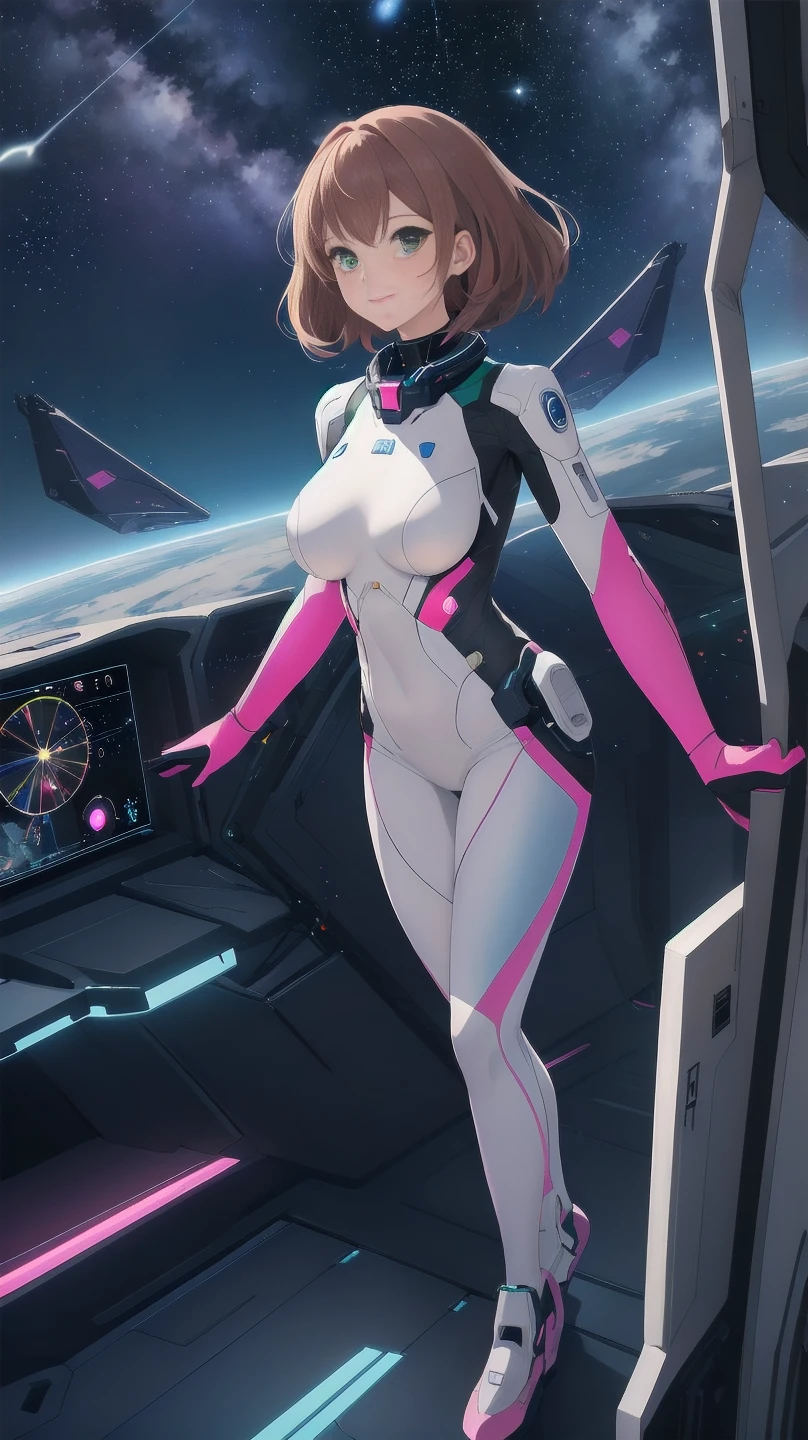 (aesthetic, best quality, masterpiece), 1girl, female focus, solo, large breasts, closed mouth, small smile, green eyes, auburn hair, zerosuit, tight, pink and white bodysuit, vivid colors, holographic interface, spaceship, space, futuristic, datapad, full body, cockpit, watercolor illustration, perfect hands, bright starship interior, highly detailed eyes, (orbital view:1.3), (night, starry sky:1.5), milky way, perky breasts, upturned breasts