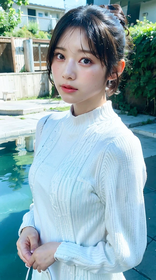 (Ultra-realistic), (High resolution), (8K), (Beautiful detailed eyes), (Highest quality), (Super detailed), (masterpiece), (Detail face),1girl, Best quality, Realistic, 独奏, Depth of field, Natural light, Daytime, Attractive, Beautiful face, Clean, Pure face, Pale skin, Cute, Short hair, Beach, Sunshine,Flat breasts, Small breasts,Naked, Full body, (sweater, undressing, beautiful face)),pool、ponytail、front、small bust、minimal chest