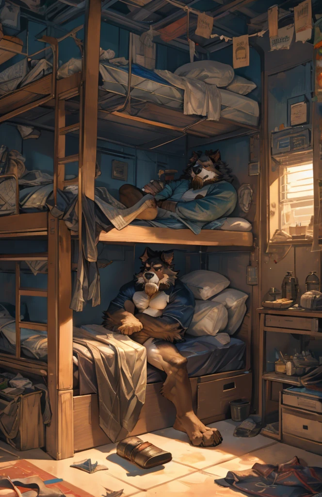 By Taran Fiddler, nsfw, one man, alone, anthro canine (Bearded Collie breed), adult male, elderly, slightly wrinkled face, bushy eyebrows, stern facial expression, grumpy, bushy mustache, mustache covering mouth, slightly short height, dilf, flaccid dick (knot), naked, sitting on a double bunk bed, discarded clothes on the ground, inside living quarters, oil rig dormitory, small room, simple lighting and background