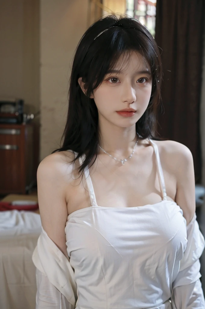 Portrait photography,1 girl,White Wedding Dress,White veil,Beautiful wedding dress,Bare shoulders,Lipstick,(Big Breasts:1.6),Shoulder-Length Wavy Hair,Wear a necklace,Headband,serene,calm,(Realistic and detailed eyes,Natural skin texture,Realistic facial details),Soft dramatic lighting,Depth of Field,Bokeh,Vibrant details,In detail and in detail,Hyper Reality 35mm,hazy,